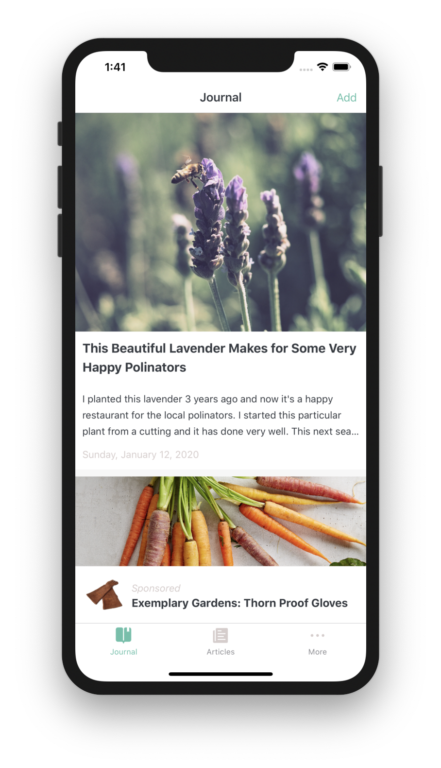 Screenshot of journal screen in the Let's Garden iOS app