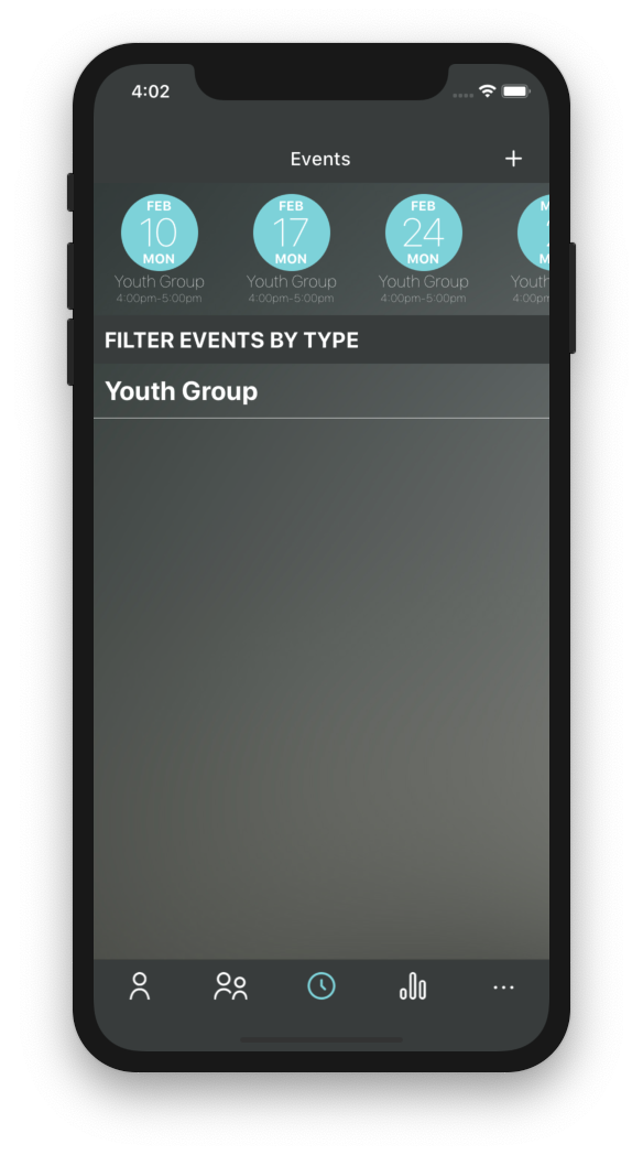 Minhub Youth app events screen
