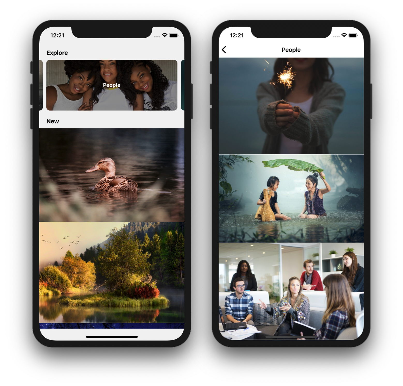 React Native stock photo browser explore and search results screens