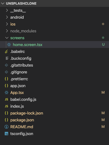 VS Code file explorer showing the screens directory with home screen file
