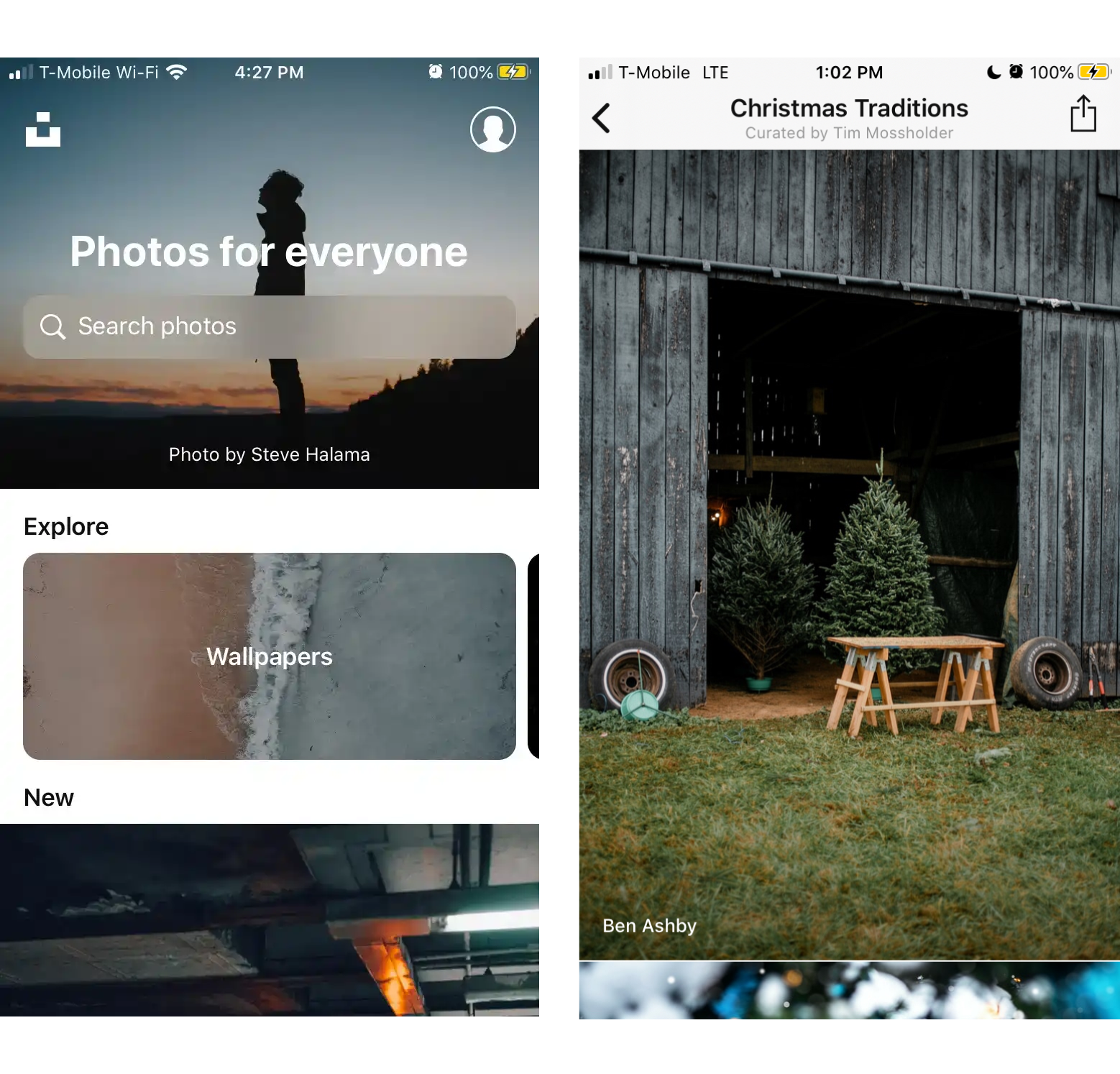 Unsplash iOS home and search results screens